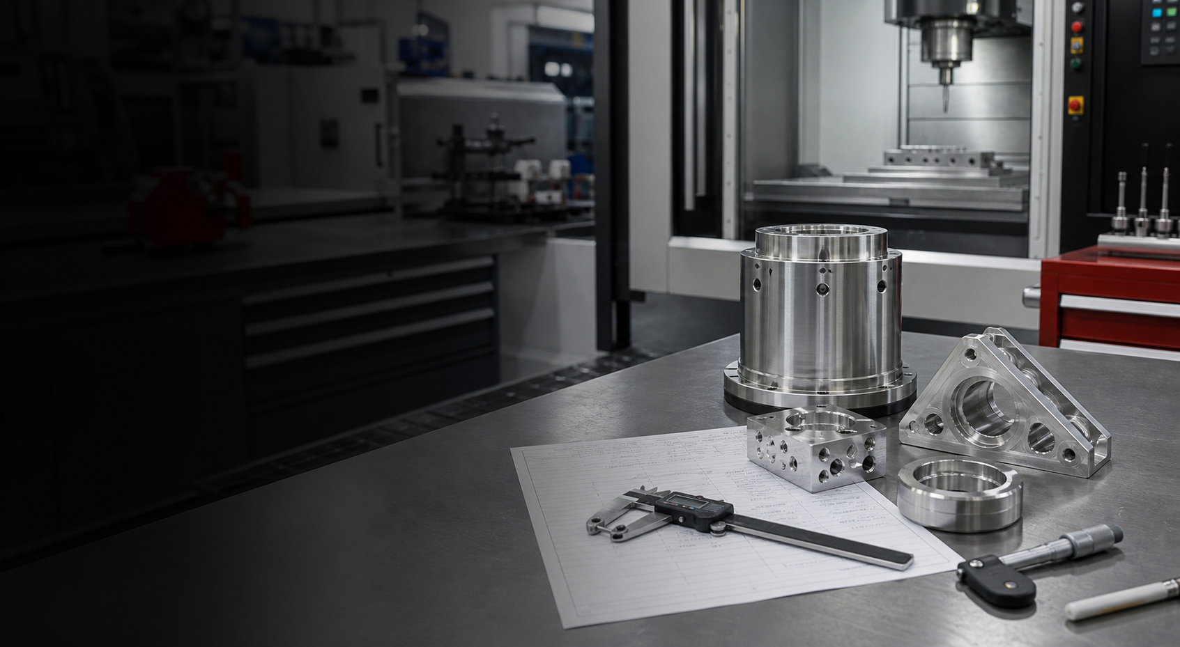 Precision machined parts and inspection tools on a CNC shop bench